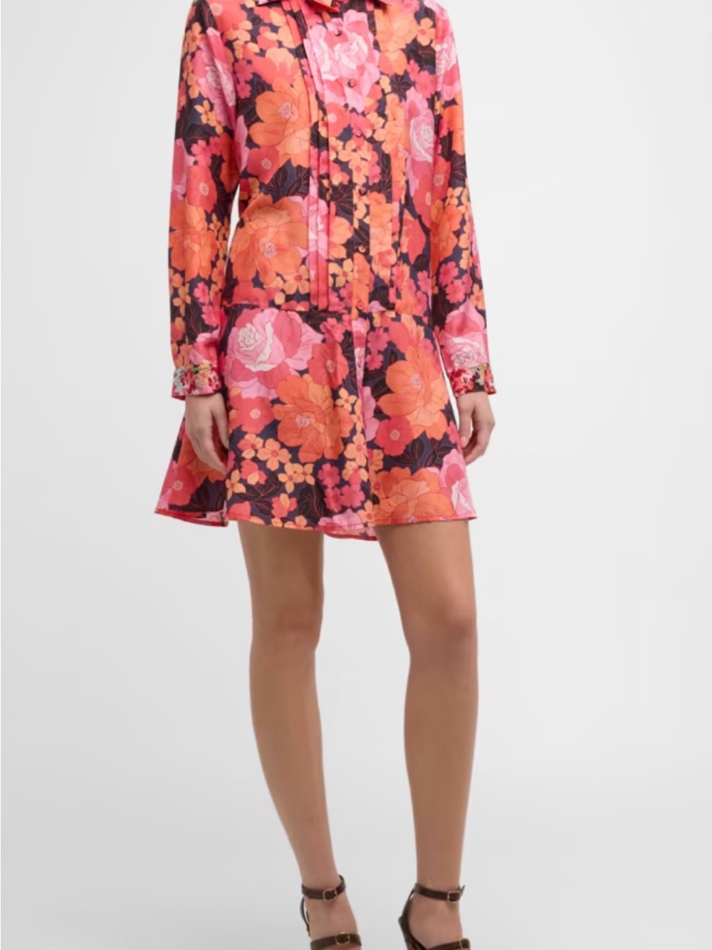 Johnny Was Becca 100% Silk Coral Pink Floral Long-Sleeve Mini Dress Size Medium